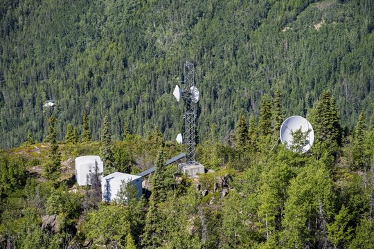 Transmission tower and satellite dishes and antennas between trees, Lion's Head, Chugach Mountains, Alaska, USA