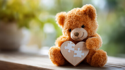 Soft teddy bear clutching jigsaw piece on heart, mental health awareness symbol, support themes, emotional wellness, compassion representation, gentle imagery, with copy space