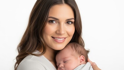 Woman smiling holding baby on white background