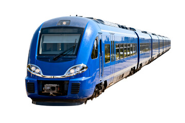 Fototapeta premium Blue High-Speed Passenger Train on White Background