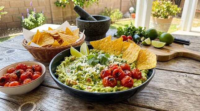 Delicious homemade guacamole recipe with chips, limes, tomatoes, and cilantro for a fresh taste, avocado.