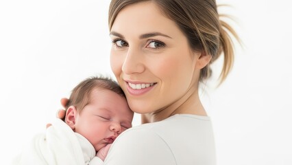 Smiling woman holding sleeping baby on white background