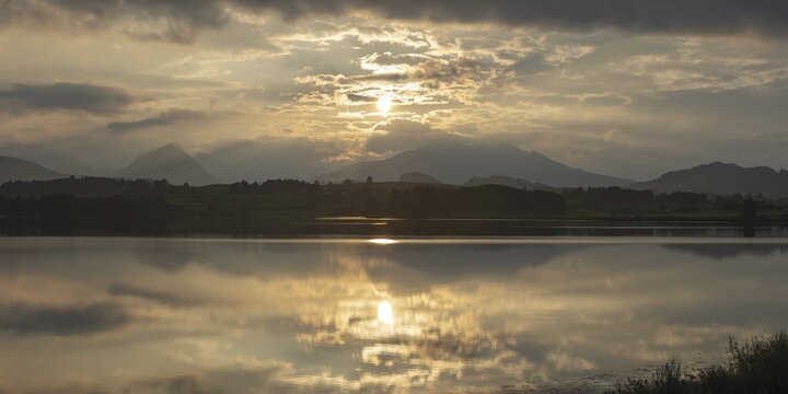 Sunset panorama, Hopfensee, Hopfen am See, near F&uuml;ssen, Ostallg&auml;u, Allg&auml;u, Bavaria, Germany