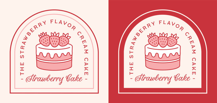 Strawberry cream cake logo for flavor label sticker tag packaging design retro vintage pink red aesthetic. Homemade creamy filling layer dessert with fresh strawberries coquette preppy drawing print.