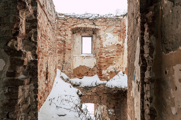 Mari&aacute;nska Čeľaď, M&aacute;riacsal&aacute;d, Slovakia - January 15th 2026: Abandoned Baroque Monastery Ruins Covered in Snow