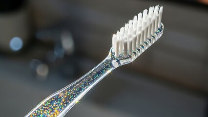 Holographic glitter toothbrush against soft-focus background