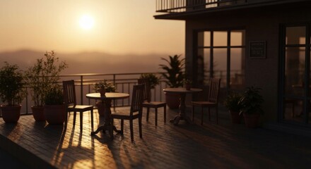 Naklejka premium Rooftop cafe, sunset, blurred view