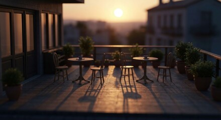 Obraz premium Rooftop tables bask in warm sunset