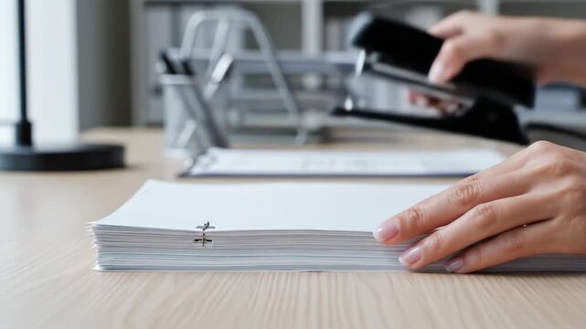 hand using stapler. A calm desk scene showing a hand pressing a stapler onto paper, completing a simple office task.