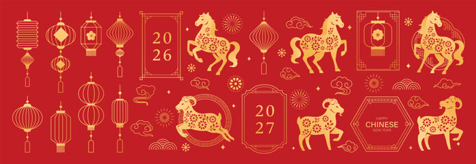 Happy Chinese New Year zodiac horse and goat vector element set with red and gold lanterns, frames, clouds, fireworks and 2026 2027 tags. Festive design for greeting cards and banners. © TWINS DESIGN STUDIO