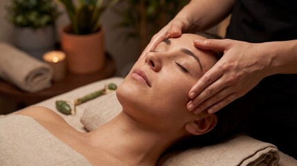 Relaxed woman receiving a facial massage at a luxury spa, warm serene atmosphere highlighting skincare, wellness, self-care, and holistic beauty therapy.
