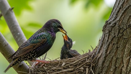 Starling feeding chick in natural nest setting
