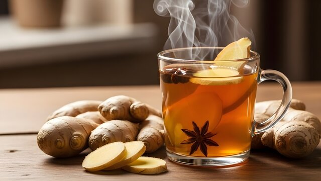 Close-up of a steaming cup of hot ginger tea served with fresh ginger roots, lemon slices, and star anise on a rustic wooden table. Warm lighting and natural ingredients create a cozy atmosphere, perf