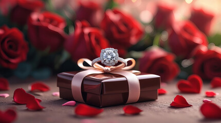 Diamond engagement ring on gift box, surrounded by red rose petals and blurred red roses, signifying love, romance, and a proposal moment