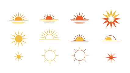 Obraz premium Collection of stylized sun icons and sunrise sunset graphics in warm colors