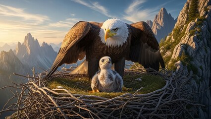 Eagle and eaglet in nest on mountain background
