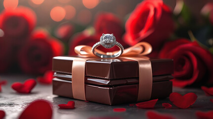 A Sparkling Diamond Engagement Ring Rests Atop a Chocolate Gift Box, Surrounded by Romantic Red Roses and Heart Petals, Perfect for Valentine's Day or a Special Proposal