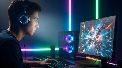 Professional gaming workstation and high performance esports setup. Entertainment and digital media immersion. Young gamer wearing headphones playing an action game on a large monitor.