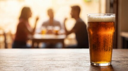 Cold glass of beer on a wooden table with blurred friends chatting in a bar, warm evening light creating a relaxed social atmosphere and lifestyle concept.