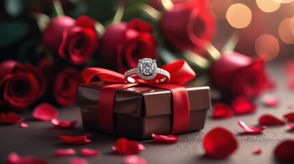 Elegant Diamond Ring in a Gift Box Surrounded by Romantic Red Rose Petals, Perfect for Proposals and Special Occasions