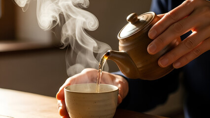 A person pours steaming tea from a rustic brown teapot into a simple ceramic cup in a cozy indoor setting.