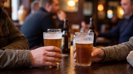 Friends clinking glasses of beer at a cozy pub, warm indoor lighting and shallow depth of field capturing social bonding, relaxation, and casual nightlife.