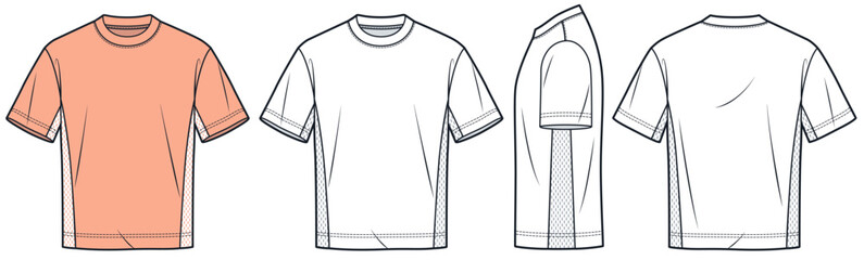 Men Sports T-Shirt Technical Fashion Illustration. Jersey Tee Shirt with Mesh Side Panel fashion flat technical drawing template, front, back and side view, white, orange, men CAD mockup set. © Liubov Hladka