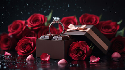 A sparkling diamond engagement ring rests atop a gift box, surrounded by deep red roses and scattered petals, evoking romance and celebration
