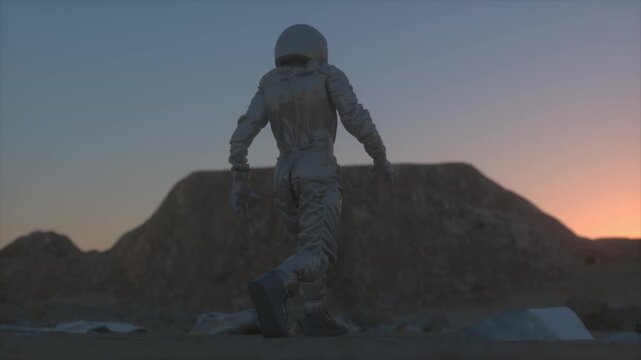Lone Astronaut Walking on Alien Planet at Twilight With Mountain Silhouette