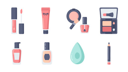Collection of flat design icons representing various cosmetic products for beauty and makeup application