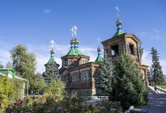 Russian Orthodox Church Cathedral of the Holy Trinity, wooden church with green spires, Karakol, Kyrgyzstan