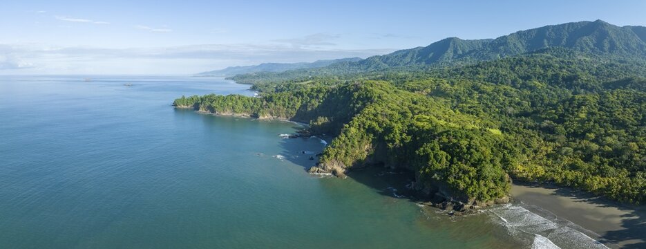 Aerial view, ocean and coast with rainforest, Playa Ventanas, Puntarenas province, Costa Rica
