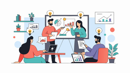 Team collaborating on a business presentation with charts and lightbulb ideas