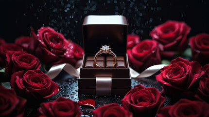 A Dazzling Diamond Engagement Ring Presented in a Luxurious Box, Surrounded by Vibrant Red Roses, Capturing the Essence of Love and a Cherished Promise