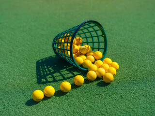 Golf balls in a metal range bucket on lush green grass during a sunny day. High-quality authentic image for sports marketing, golf club promotions, and active lifestyle. © biletskiyevgeniy