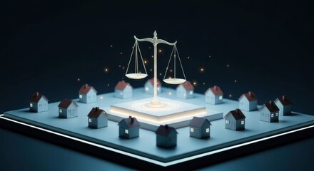 Tiny houses surround a balanced scale