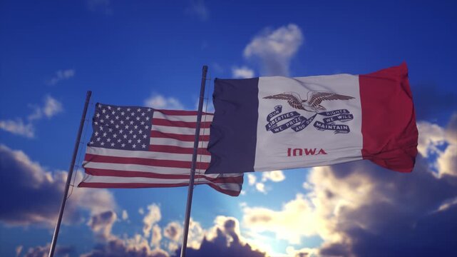 Flags of the United States and Iowa Waving Against Dramatic Sunset Sky