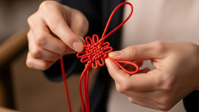 A close-up view of a person's hands carefully crafting a traditional intricate red Chinese knot from a single piece of string.