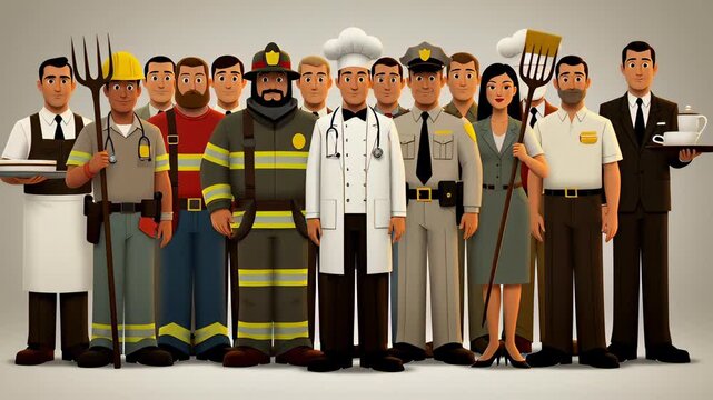 Diverse group of essential workers walking and assembling on a white background in a 3D cartoon animation, featuring a nurse, chef, and police officer for Labor Day themes
