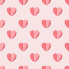 Pink hearts on light pink colored background, minimal trend seamless pattern, pastel color print as valentines day or wedding background. Paper cut hearts, romantic holiday concept, top view.