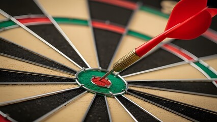 Bullseye success and business target achievement. Professional goal setting and marketing strategy. Red dart hitting the center of a dartboard for perfect accuracy and victory