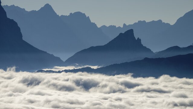 Sea of fog with rocky peaks of the Dolomites, Corvara, Dolomites, Italy