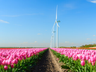 Vibrant landscape of pink tulip fields in the spring sun. Modern wind turbines on the horizon represent renewable energy and eco-friendly farming. 