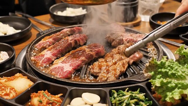 Beef and pork sizzle on a round grill, steaming, with small bowls of sides and sauces, savory. zest