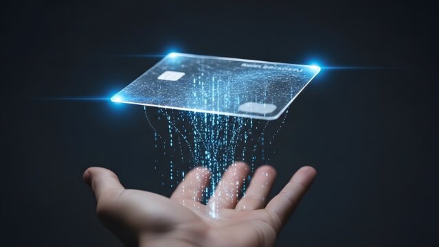 Secure digital payment and fintech credit card processing. Electronic banking and cashless transaction. Hand holding virtual credit card with glowing data streams and binary code