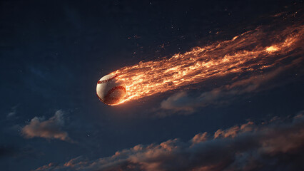 a homerun baseball flaming across the sky night