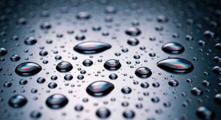 Water droplets scattered on a dark, glossy surface