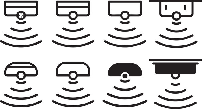 Motion sensor icon set. Modern automated sensing technology sign, Smart home security symbols. Infrared movement detector icons. Digital surveillance interface elements.
