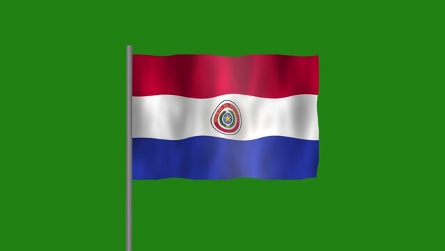 Flag of Paraguay, Pole flag of Paraguay on Green screen chroma key, Paraguay flag waving in the wind isolated on Green Background.