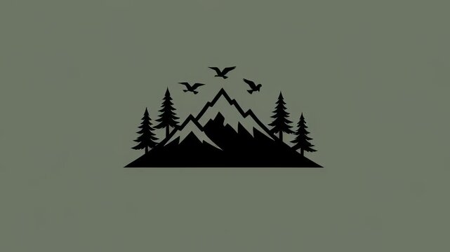 Minimalist black mountain logo animation revealing pine trees and birds on a sage green background, illustrating outdoor adventure concepts.